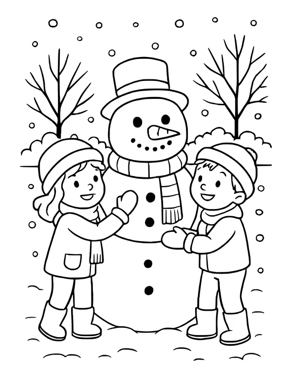 Two children in winter coats and hats building a snowman with a top hat, bare trees and falling snow
