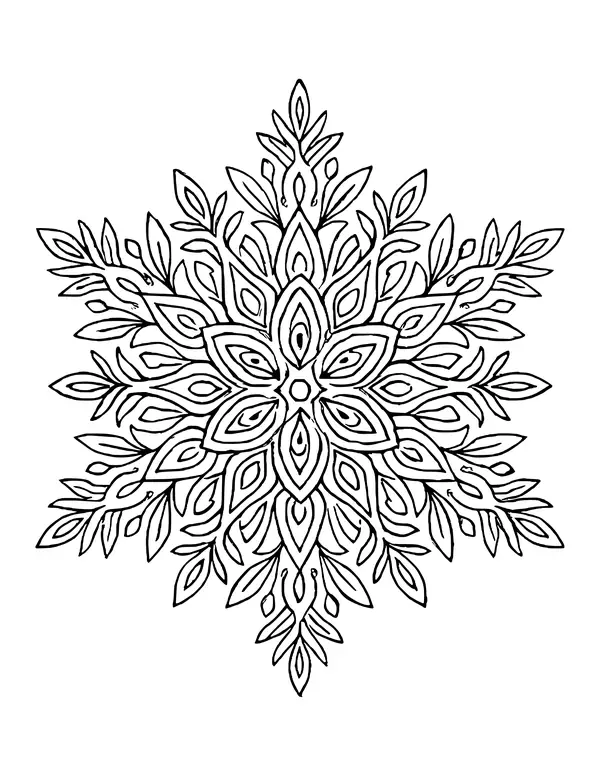 Dense snowflake mandala made of layered leaf and teardrop shapes radiating from a small center.