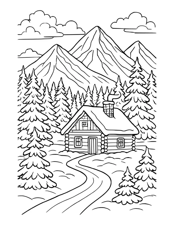 Log cabin with smoke rising from its chimney, a winding path, tall snowy pines, clouds and mountains behind.