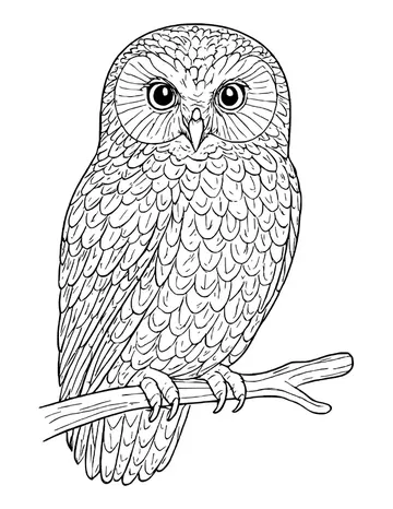 Detailed owl with a rayed facial disc and scalloped feathers perched on a thin forked twig.