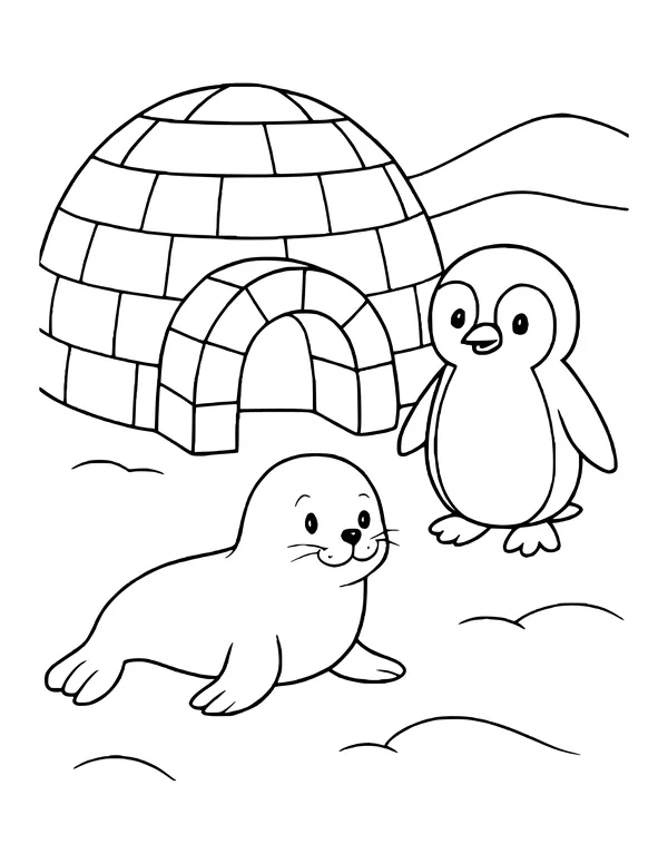 Close-up of a whiskered seal and a large penguin in front of an igloo entrance, with snowy hills behind.