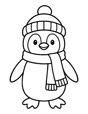 Smiling penguin in a striped beanie and a fringed scarf