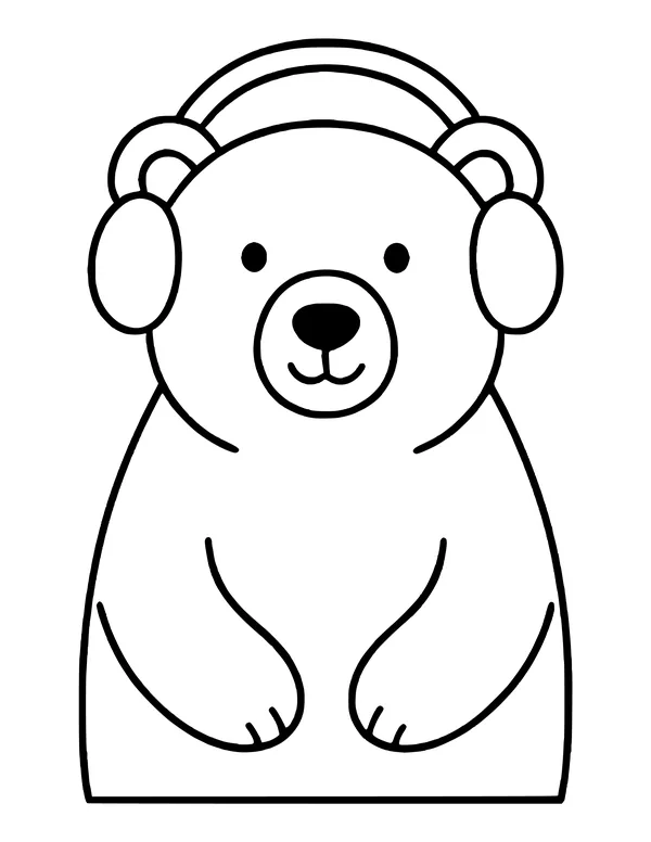 Front view of a cute polar bear's head and chest wearing big round earmuffs, paws resting in front.