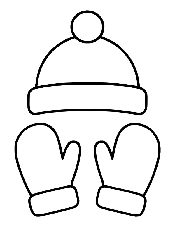 Plain pom-pom winter hat with a cuff, with two mittens below angled toward each other.