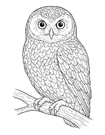 Realistic owl with layered feathers and round eyes gripping a thick, textured branch with sharp talons.