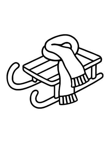 Wooden sled with curled runners and a fringed scarf draped across the seat.