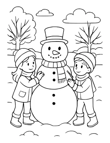 Two children patting a snowman with a top hat and scarf in a snowy park