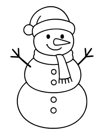 Smiling snowman with a pom-pom hat, carrot nose, scarf and stick arms