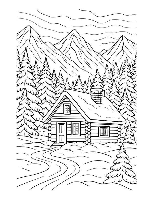 Log cabin with a snowy roof and stone chimney among pine trees, a path in front and peaks against a wavy sky.